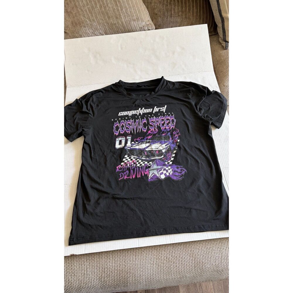 ROMWE Racing Graphic T-Shirt Black Purple Checkered Motorsport Y2K Medium